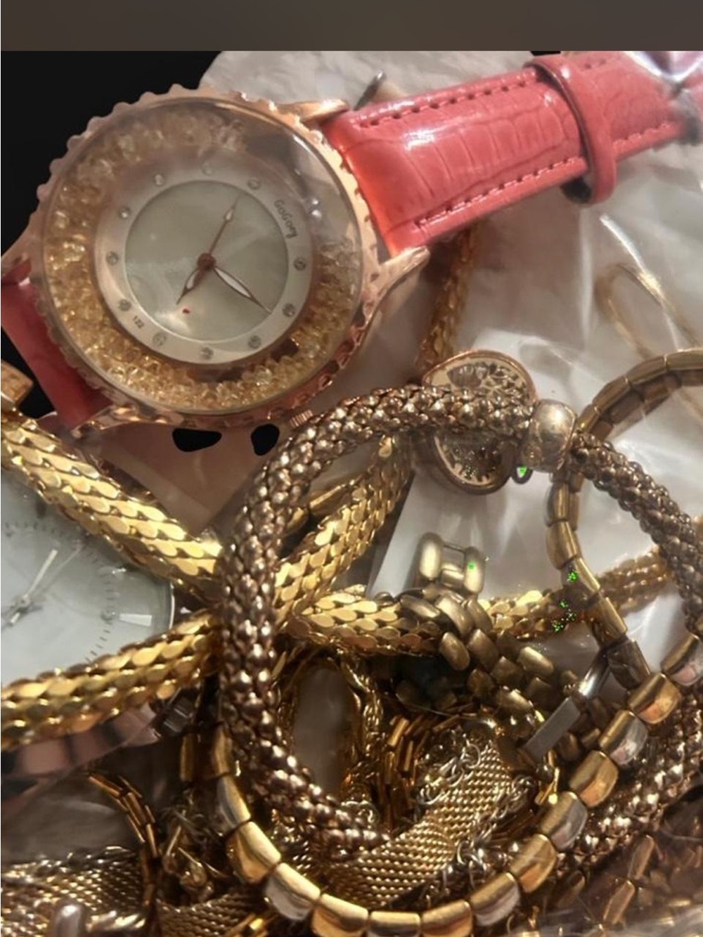 Gold Crystal Accent Coral Strap Watch - Women Accessories